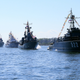 Ships of Russia’s Baltic Fleet sailing in formation for the V-E Day parade, May 2015.